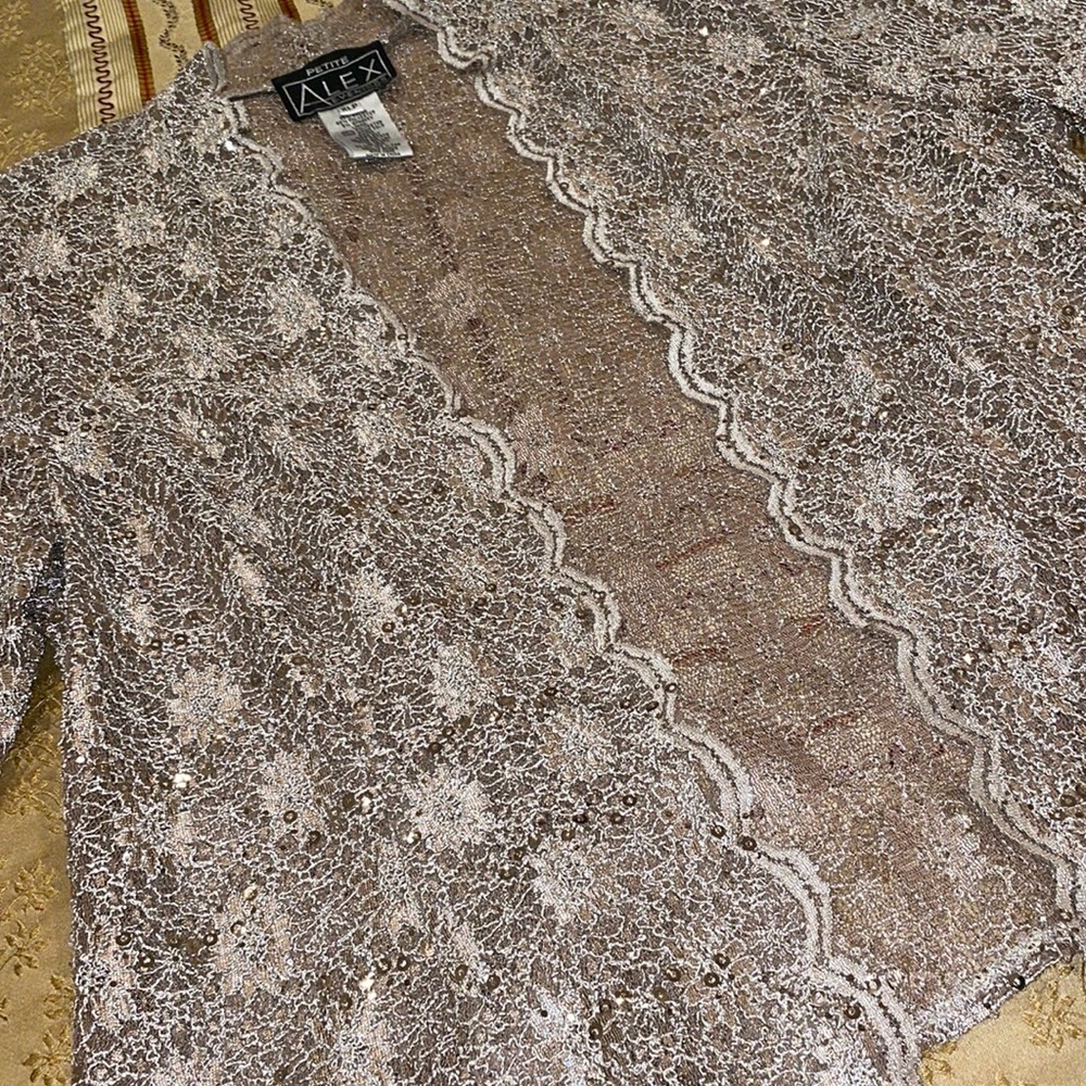 Alex Evenings jacket, formal, lace with sequins, tan, nylon blend, XLP